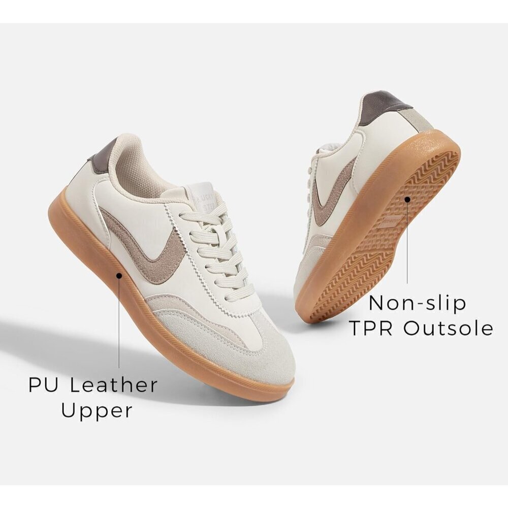 🆕Women's  Beige - Grey Retro Fashion Sneakers Classic Casual Walking Shoes - Picture 3 of 6